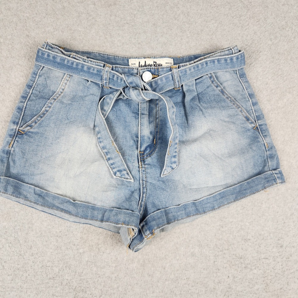 Indigo Rein Denim Shorts Womens 9 Blue Faded Cotton Stretch Tie Waist Cuffed Hem